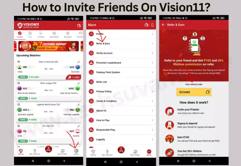 how to refer and earn on Vision11